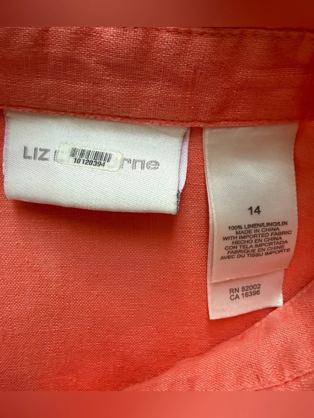 Vintage Liz Claiborne 100% Linen Orange Button Down Shirt Sz 14